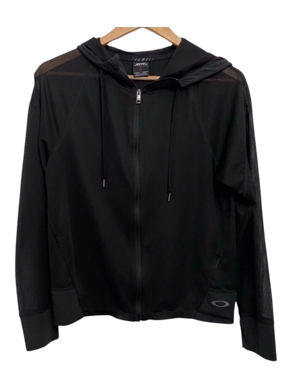 OAKLEY black hoodie zip up athletics shirt in small mesh net material sports